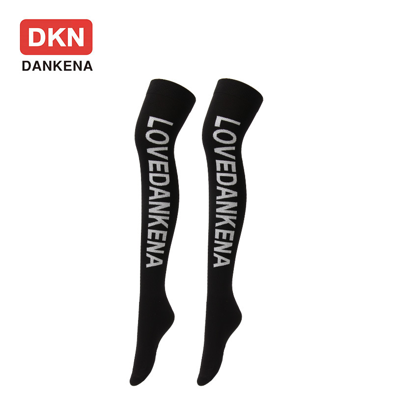 DANKENA Female Autumn Winter Cotton Letter Socks Black Stockings Thigh High Socks